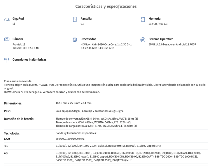 HUAWEI 4.5G HBN-LX9 PR 70 PRO Info