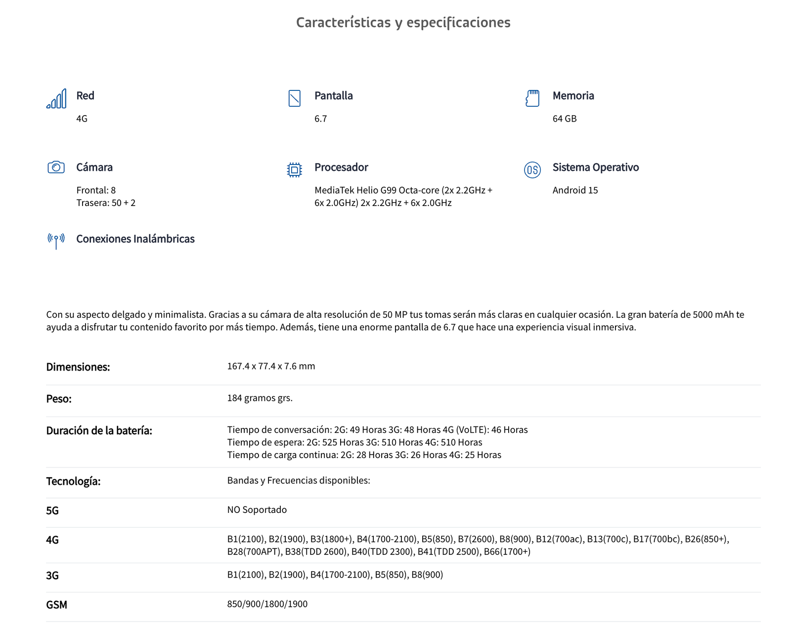 Especificaciones técnicas Samsung Galaxy A07 64GB