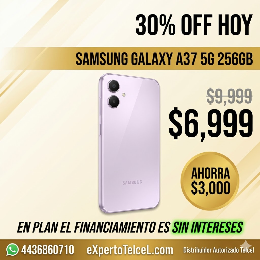 Samsung Galaxy A37 5G 256GB Violeta a $6,999 prepago Telcel — análisis y precio 2026 1 Samsung Galaxy A37 5G 256GB prepago Telcel 2026