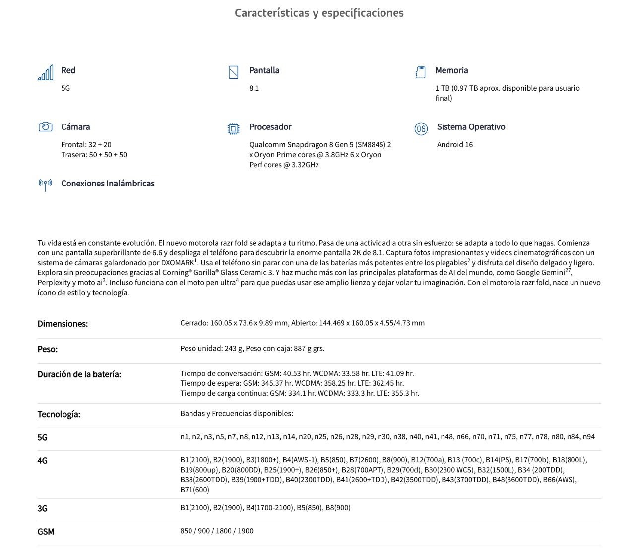 Características y especificaciones oficiales del Motorola Razr Fold según telcel.com
