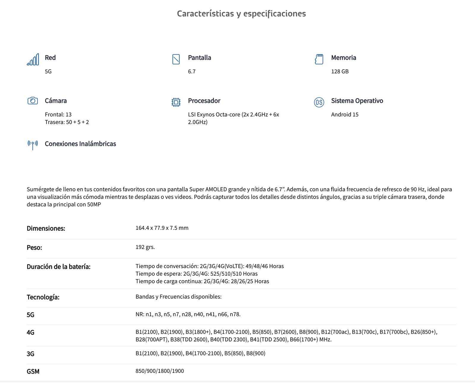 Características y especificaciones oficiales del Samsung Galaxy A17 5G según telcel.com