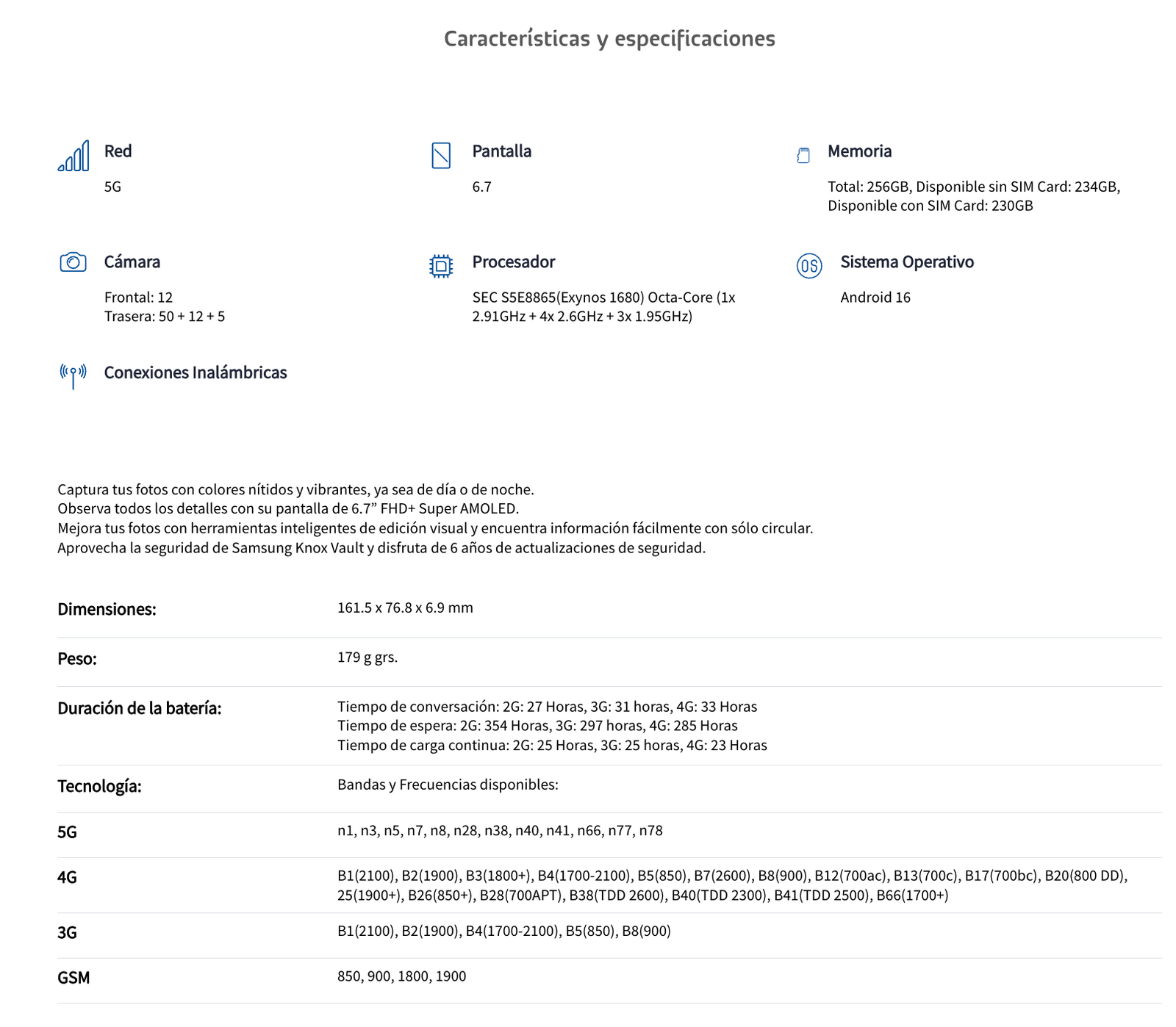 Características y especificaciones oficiales del Samsung Galaxy A57 5G según telcel.com
