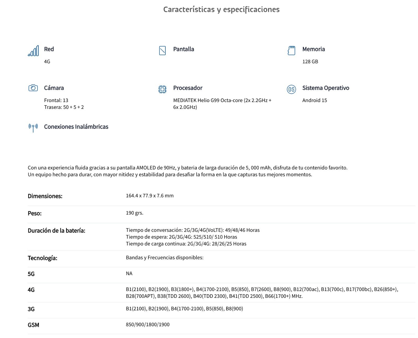 Características y especificaciones oficiales del Samsung Galaxy A17 4G según telcel.com